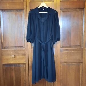 🛍NWT Nanette Lepore Collared Short Sleeve Tie Waist Illusion Dress Very Black